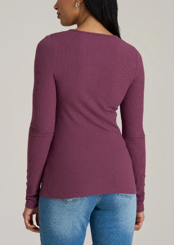 Long Sleeve Ribbed Crewneck Women's Tall Henley Shirt in Purple Gumdrop