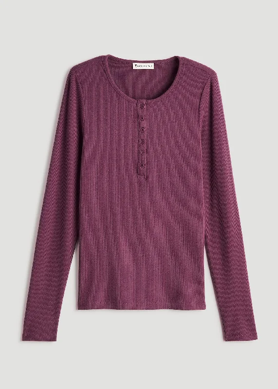 Long Sleeve Ribbed Crewneck Women's Tall Henley Shirt in Purple Gumdrop