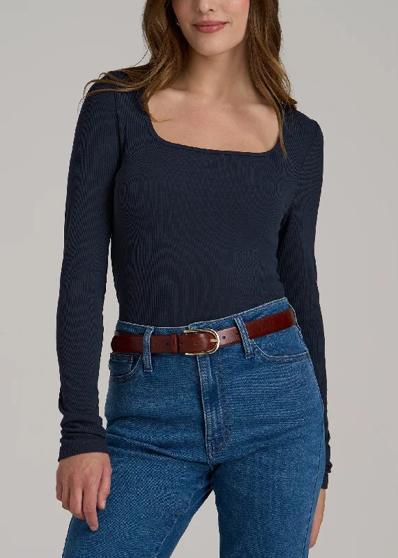 Long Sleeve Ribbed Squareneck Top for Tall Women in Evening Blue