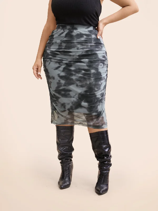 Marble Print Mesh Ruched Skirt