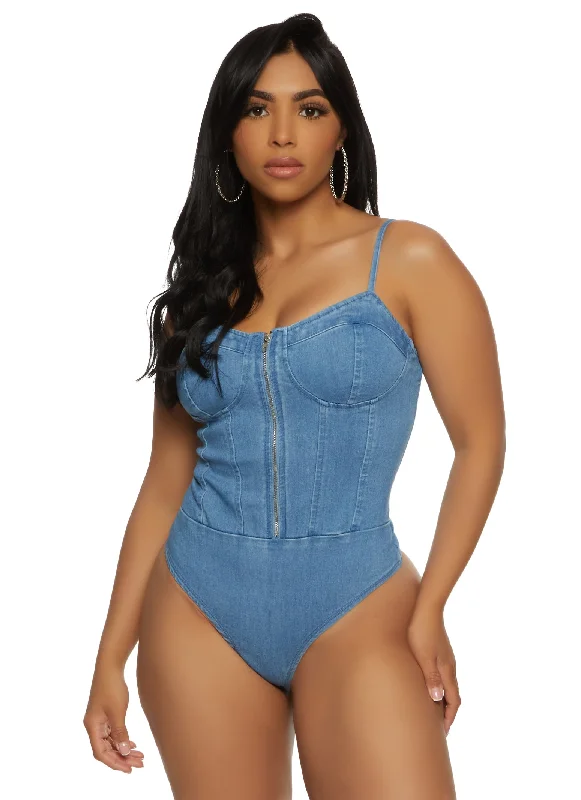 Iris Denim Zip Front Bustier Bodysuit