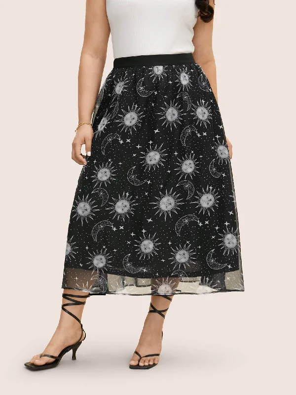 Moon & Star Print Mesh Pocket Skirt