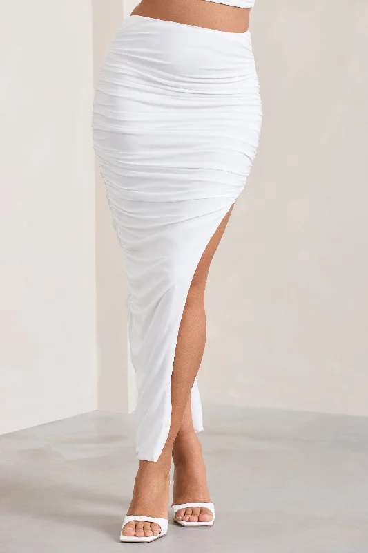 Moon Star | White Side Split Ruched Maxi Skirt