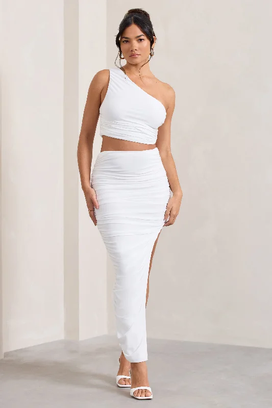 Moon Star | White Side Split Ruched Maxi Skirt