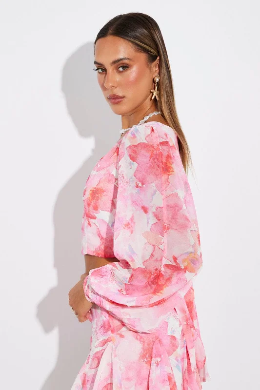 Multi Floral Plunge Crop Top Balloon Sleeve Tie back