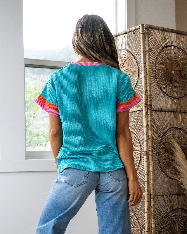 Ella Corded Color Block Top - Turquoise & Pink