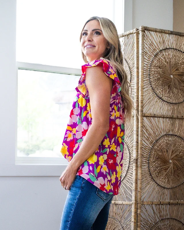 Kim Notched Neck Flutter Sleeve Top - Magenta Floral FINAL SALE