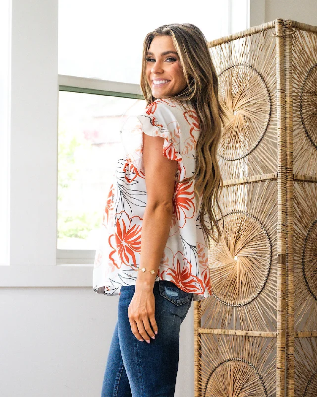 Madalyn Floral Split Neck Button Down Top - Coral FINAL SALE