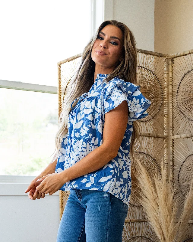 NEW! Marcie Blue Floral Ruffle Sleeve Top