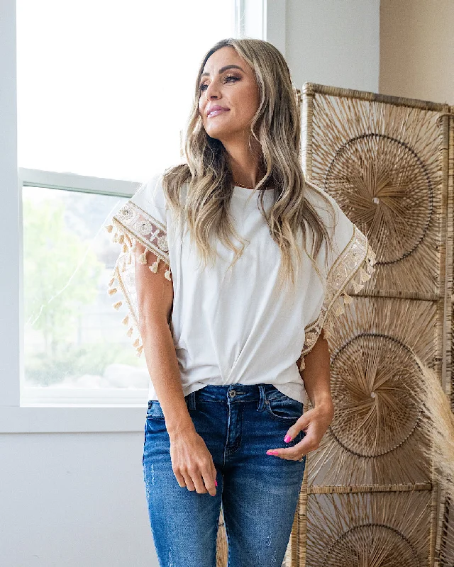 NEW! Sariah Ivory Top with Embellished Sleeve Detail