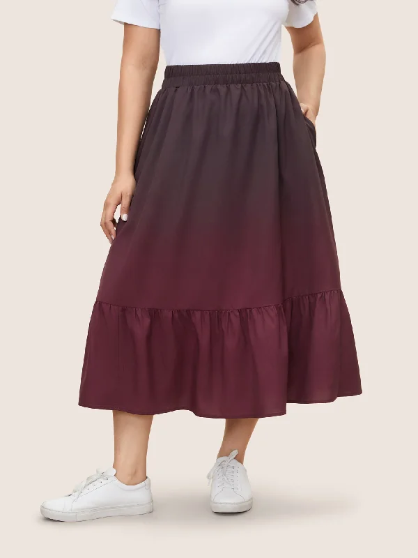 Ombre Patchwork Ruffle Hem Pocket Skirt