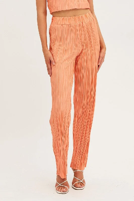 Orange Plisse Pants Wide Leg