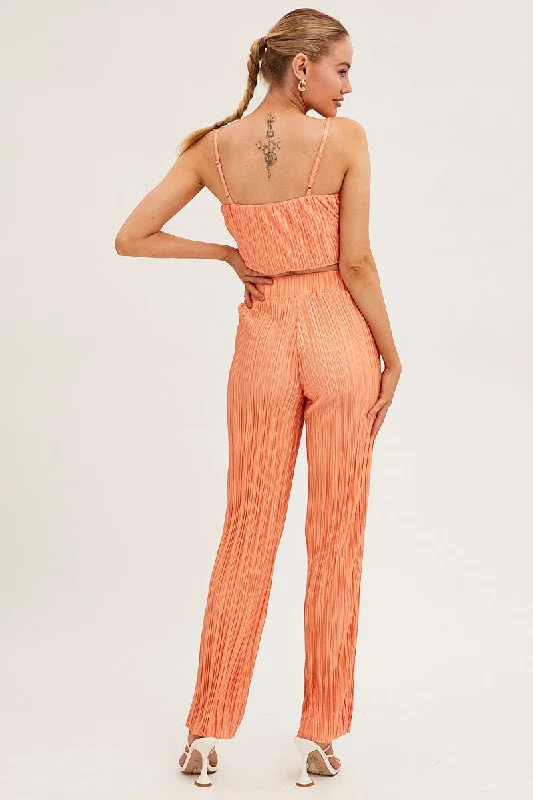 Orange Plisse Pants Wide Leg