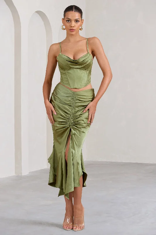 Per Favore | Olive Satin Ruched Split Maxi Skirt