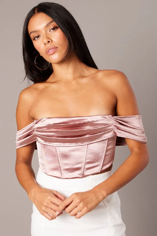 Pink Corset Top Off Shoulder Satin