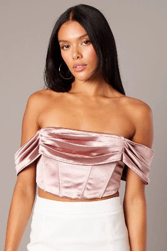 Pink Corset Top Off Shoulder Satin