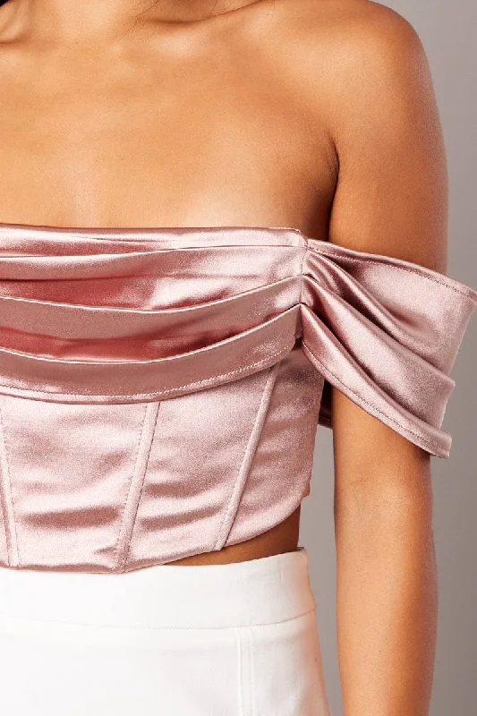 Pink Corset Top Off Shoulder Satin