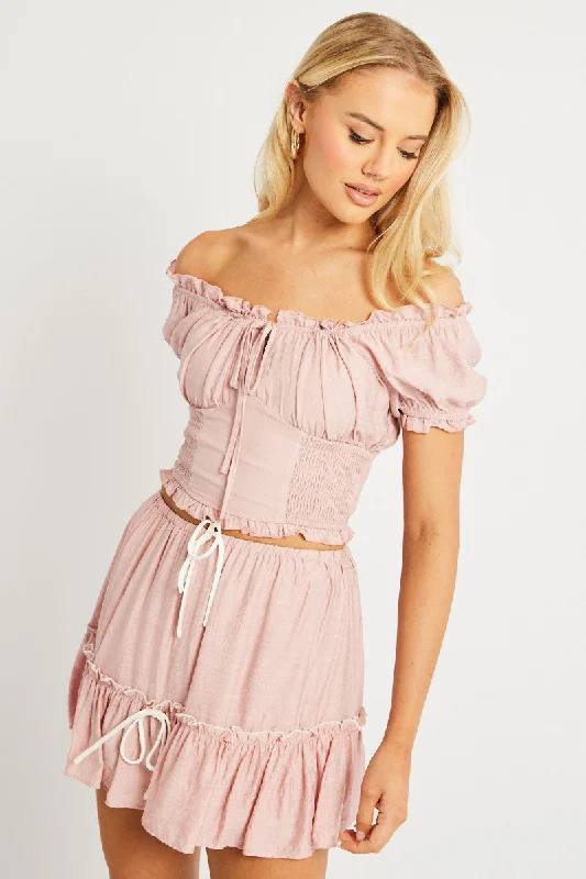 Pink Crop Top Short Sleeve Shirred Waist