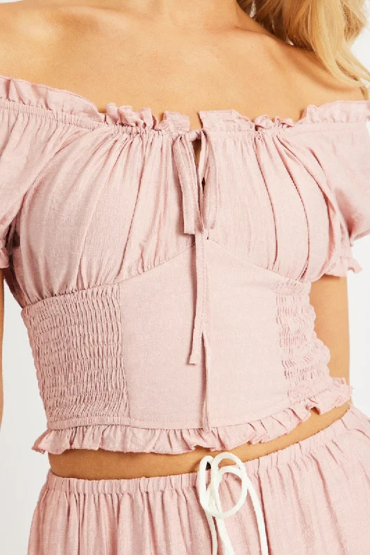 Pink Crop Top Short Sleeve Shirred Waist