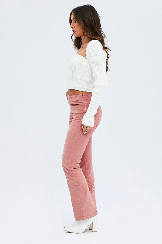 Pink Flare Leg Pants High Rise Corduroy