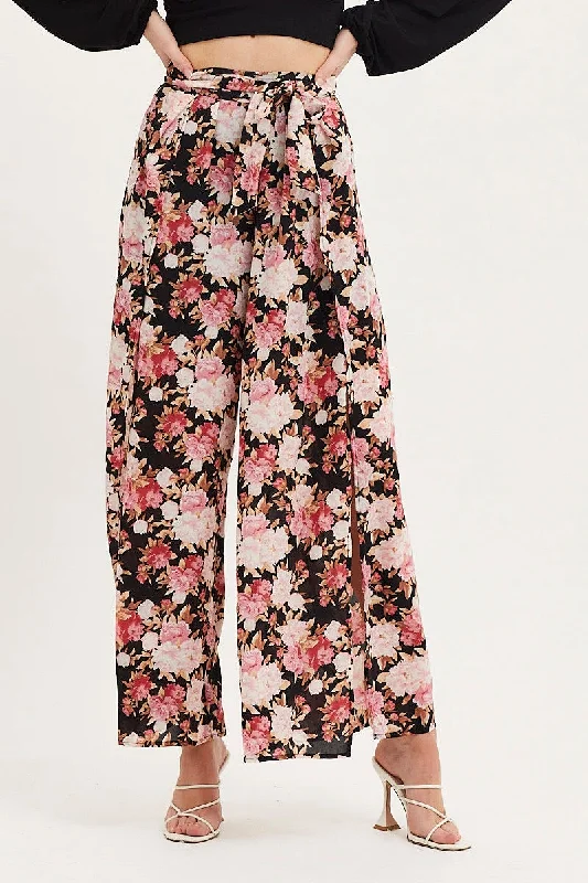 Print Wide Leg Pants High Rise Front Split