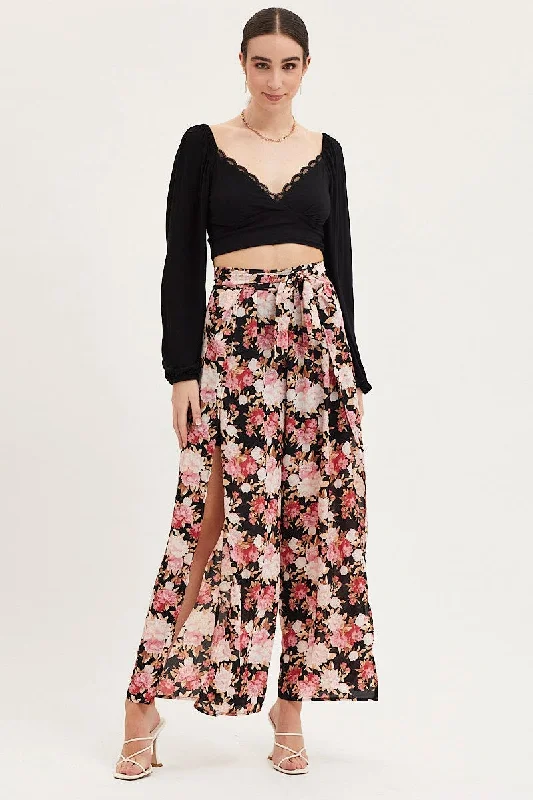 Print Wide Leg Pants High Rise Front Split