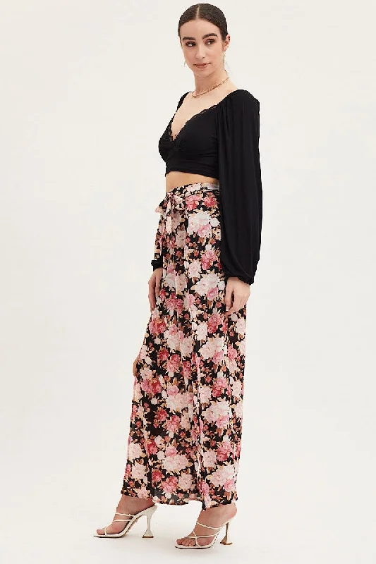 Print Wide Leg Pants High Rise Front Split