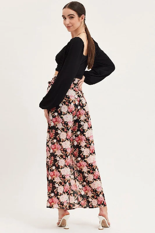 Print Wide Leg Pants High Rise Front Split