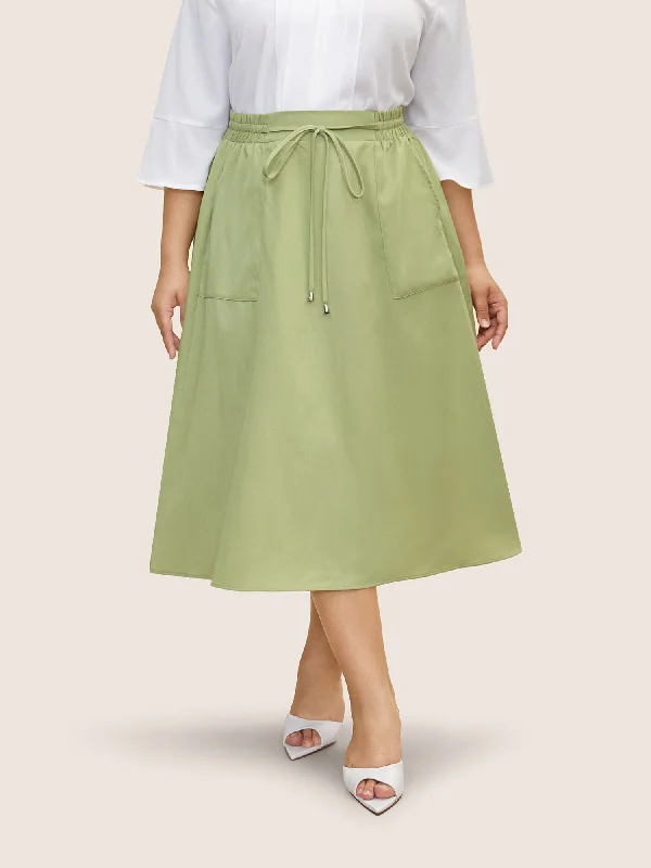 Solid Elastic Waist Split Hem Drawstring Skirt