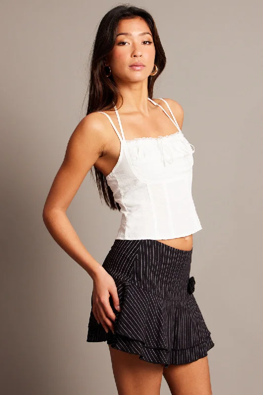 White Cami Top Sleeveless Ruched Ribbon