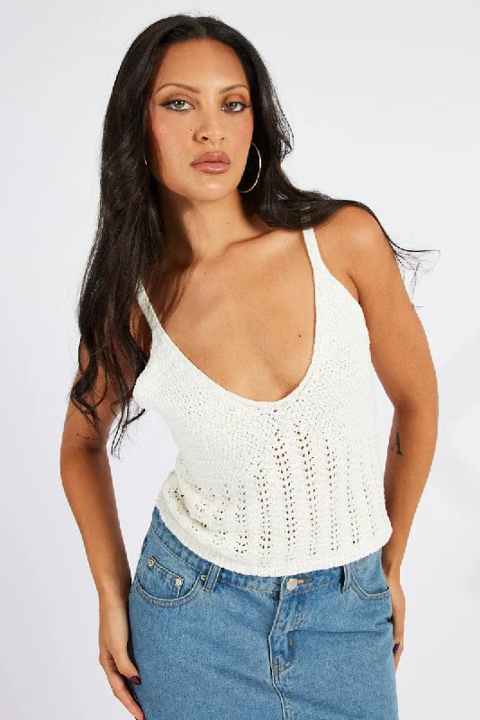 White Crochet Knit Top Sleeveless V Neck