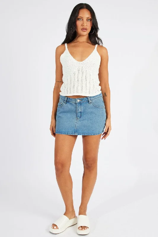 White Crochet Knit Top Sleeveless V Neck