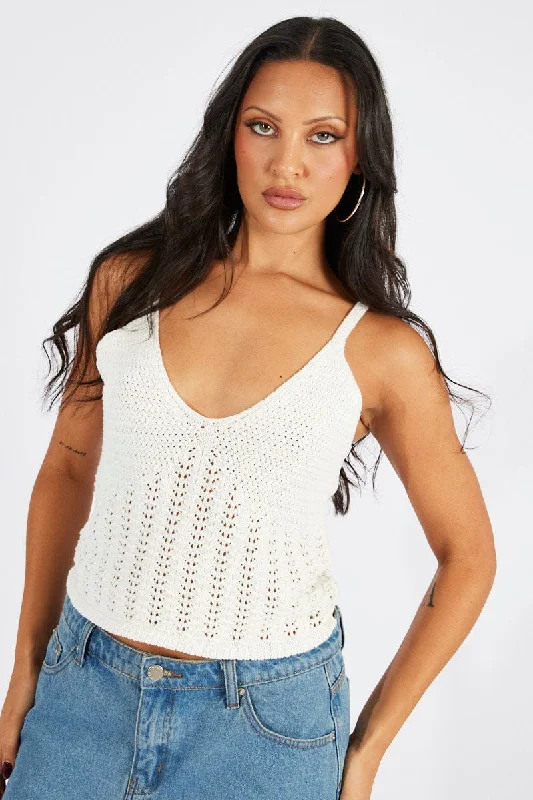 White Crochet Knit Top Sleeveless V Neck