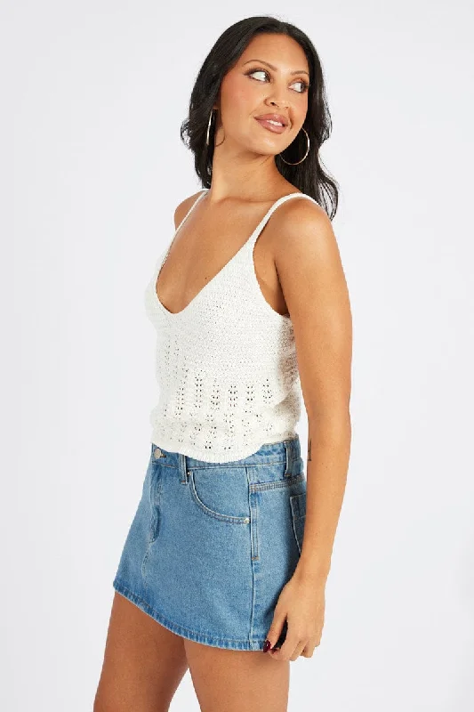 White Crochet Knit Top Sleeveless V Neck