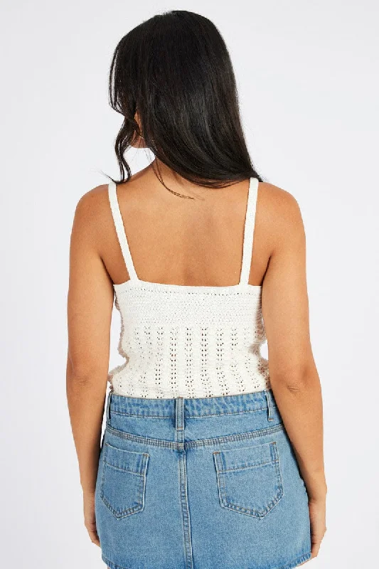 White Crochet Knit Top Sleeveless V Neck