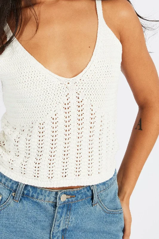 White Crochet Knit Top Sleeveless V Neck