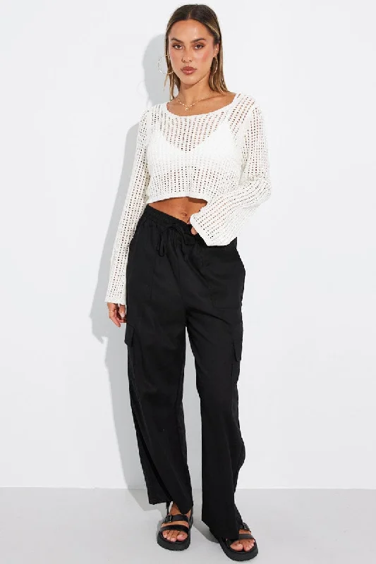 White Crochet Top Long Sleeve Scoop Neck