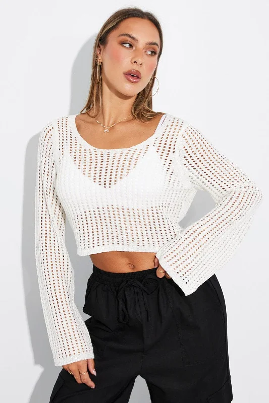 White Crochet Top Long Sleeve Scoop Neck