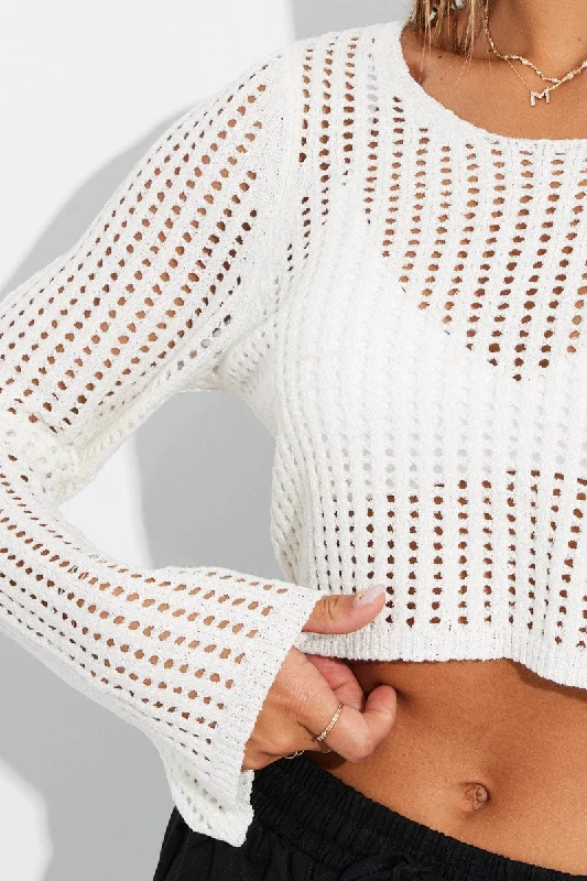 White Crochet Top Long Sleeve Scoop Neck