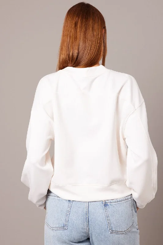 White Crop Sweater Long Sleeve Oversized