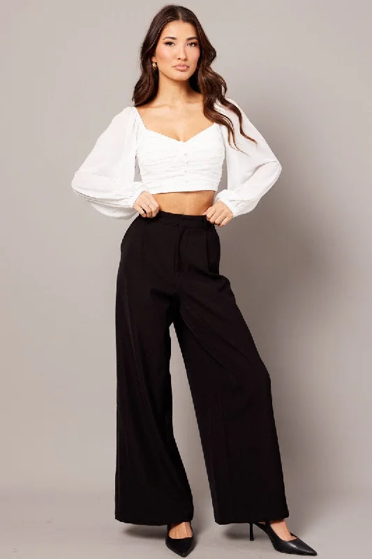 White Crop Top Long Sleeve Ruched