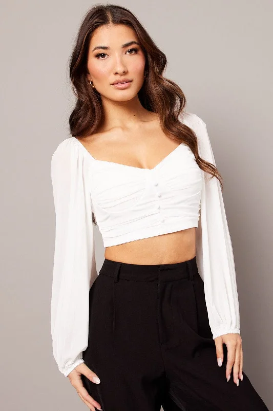 White Crop Top Long Sleeve Ruched