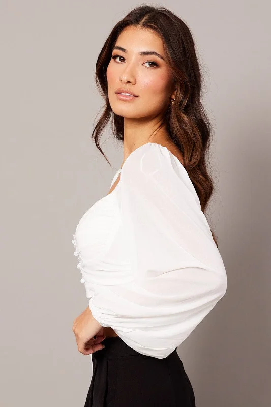 White Crop Top Long Sleeve Ruched