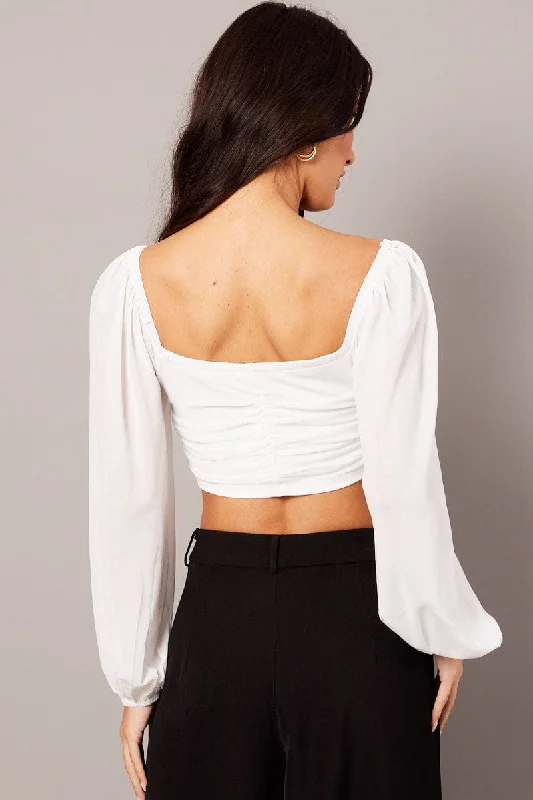 White Crop Top Long Sleeve Ruched