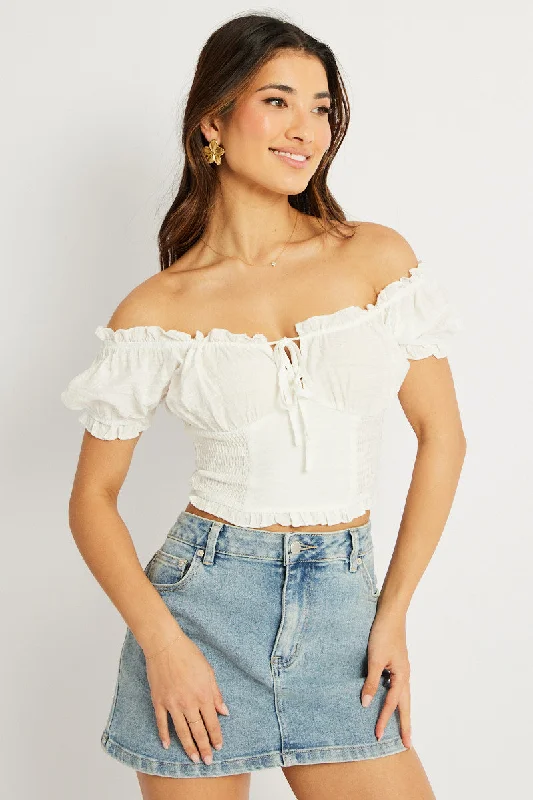 White Crop Top Short Sleeve Shirred Waist