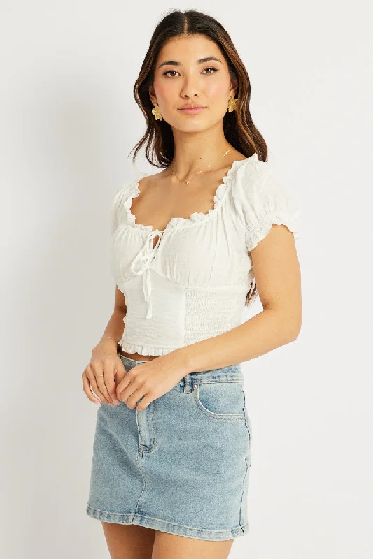 White Crop Top Short Sleeve Shirred Waist