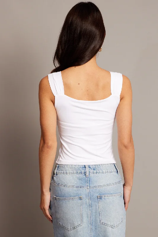 White Crop Top Square Neck With Ribbons