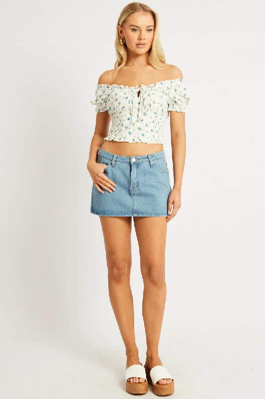 White Ditsy Crop Top Short Sleeve Ruched Bust