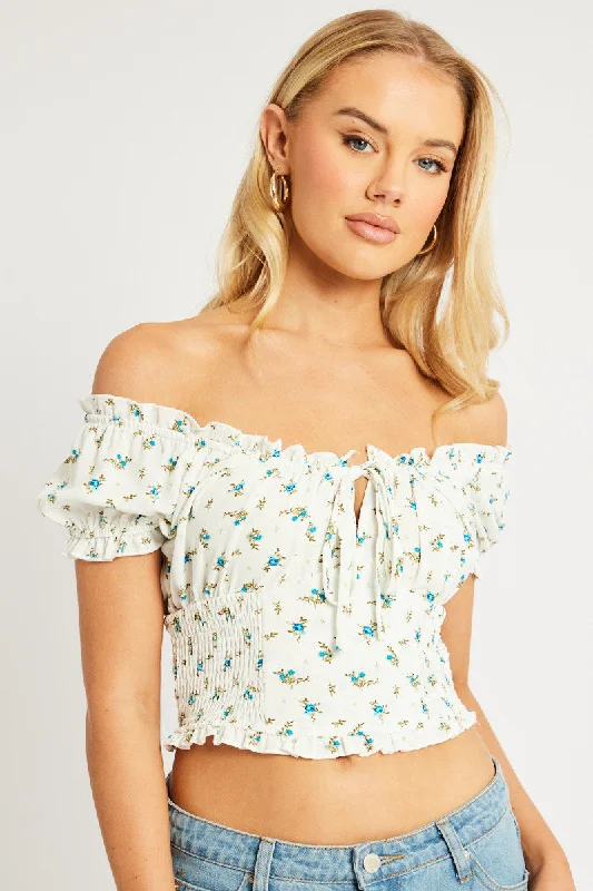 White Ditsy Crop Top Short Sleeve Ruched Bust