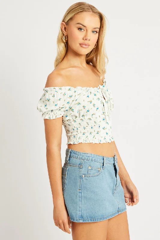 White Ditsy Crop Top Short Sleeve Ruched Bust